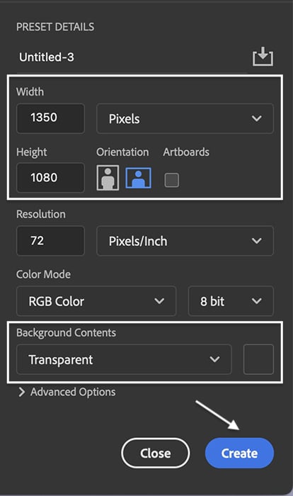 Photoshop screenshot of creating new document with transparent background