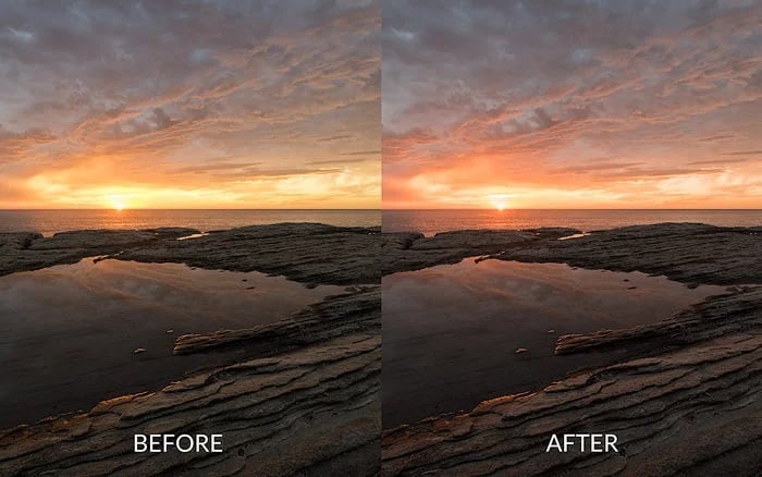 Photo of a coast scene before and after color enhance