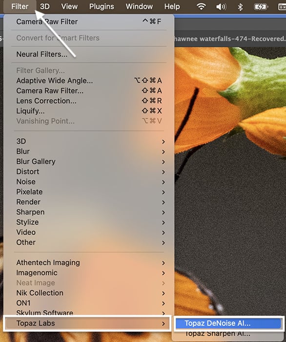 Photoshop screenshot of the former Topaz Labs DeNoise AI plugin in the filter menu