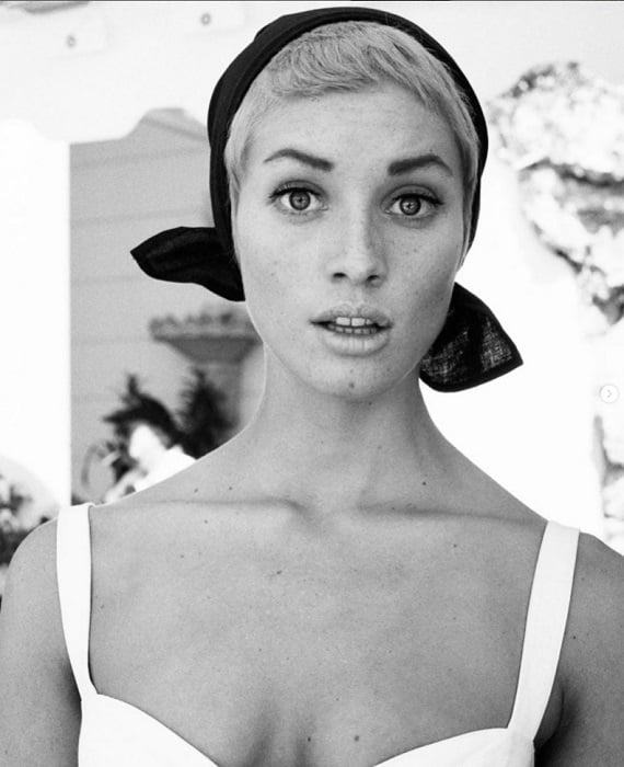 Black and white portrait of woman with headcloth