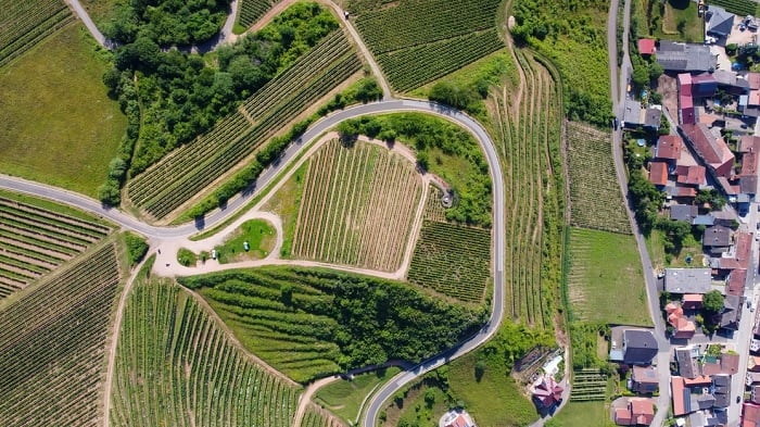 Aerial photo of green pastures next to a village