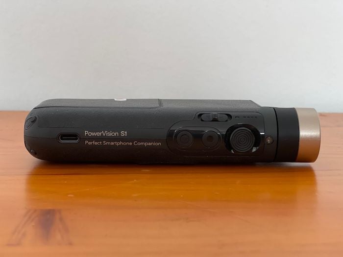 Side view of Powervision S1 gimbal folded up on a table