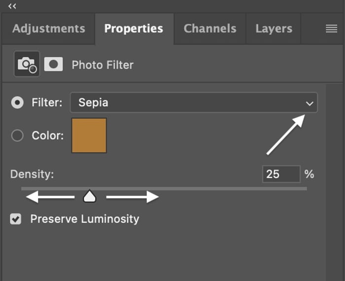 Photoshop screenshot of sepia photo filter adjustment layer