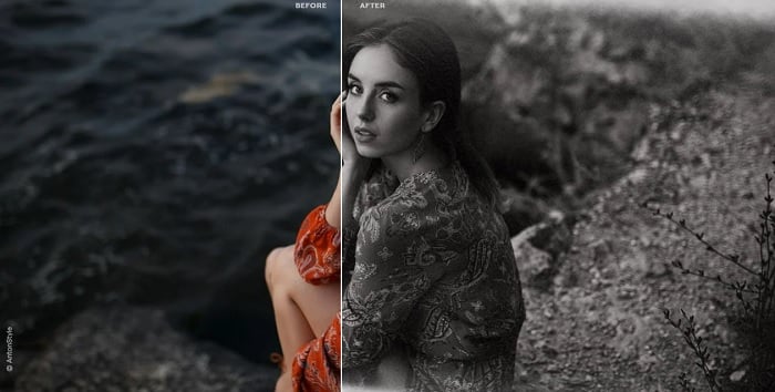 Example image of Experimental B&W preset with girl sitting on a rock