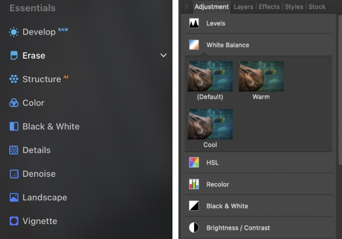 Comparison screenshots Luminar NEO and Affinity Photo adjustment tools