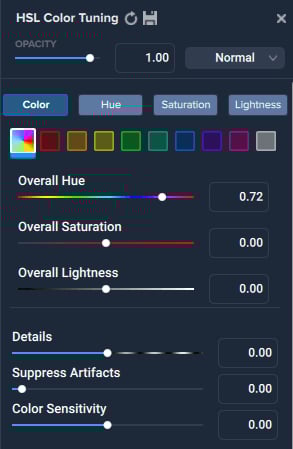 Topaz Studio 2 HSL menu options.