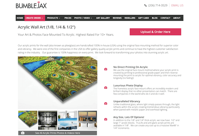 bumblejax Acrylic photo print service homepage