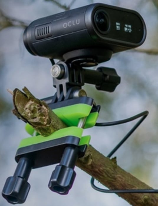 Oclu action camera clamped to a tree Oclu action camera clamped to a tree