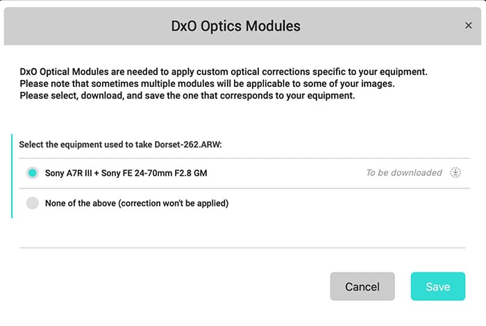 Screenshot DxO PureRAW 2 optic module window Screenshot DxO PureRAW 2 optic module window