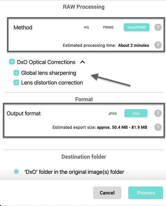 Screenshot of the DxO PureRAW 2 Raw Processing window
