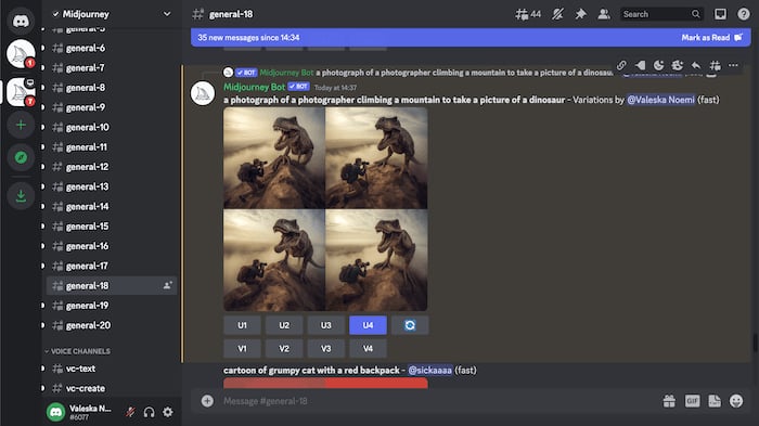 Screenshot of Midjourney's interface used to fine tune an AI image of a photographer and a dinosaur