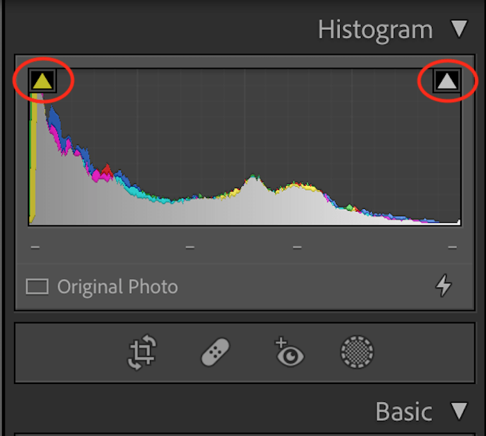 A histogram with multiple color bars and two warning signs pointed to it. 