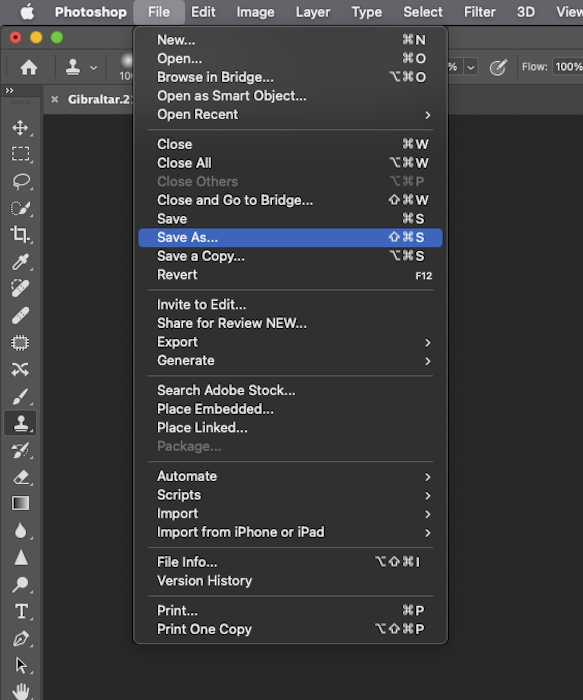 The file menu in Photoshop.