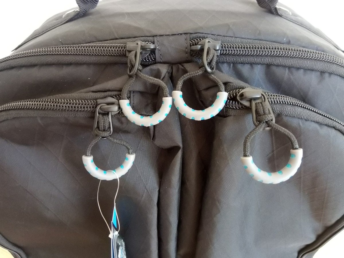 Close-up of front zippers