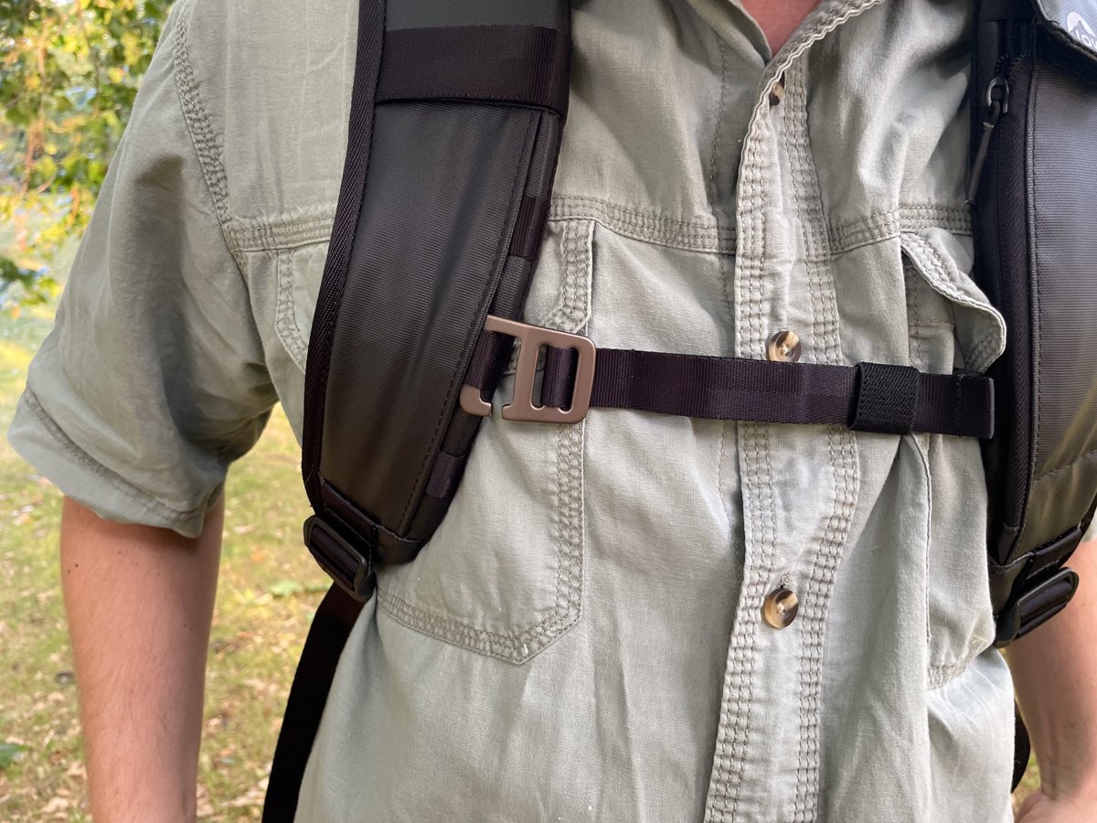 Detail of the hooked chest strap on the Lowepro Freeline BP 350 AW camera backpack