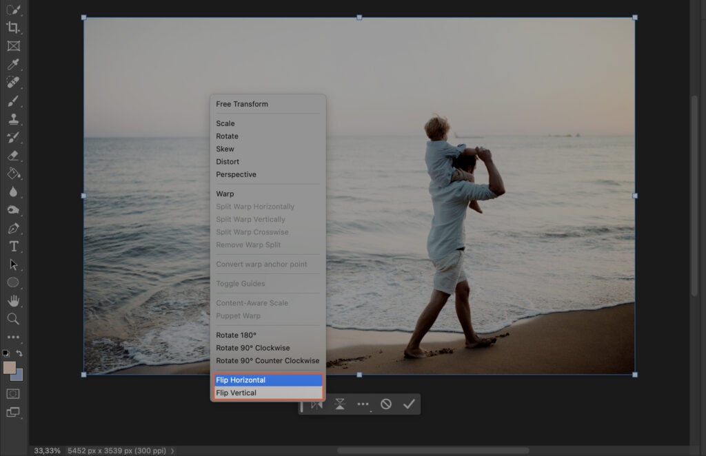 A photo editing process, with an image of a man and woman on a beach in the background.