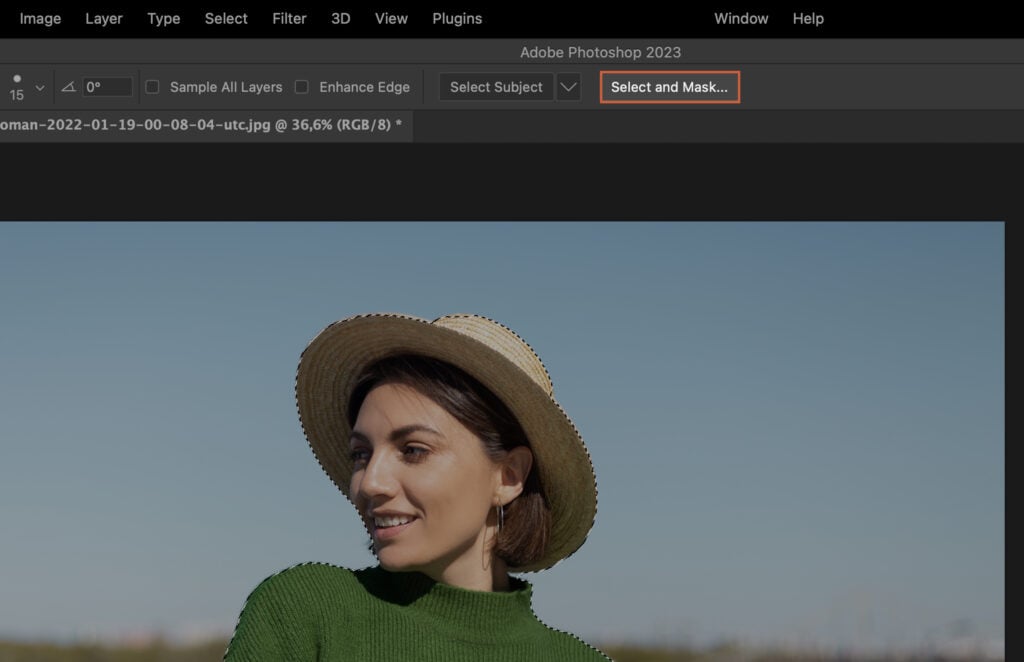 A womans face edited onto a background, with the software interface visible in the upper right corner.