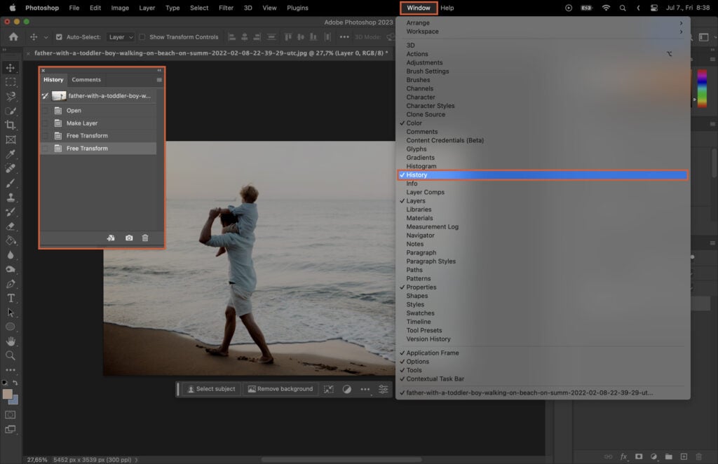 The window menu in Photoshop.