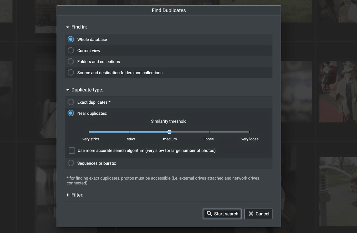 Screenshot of the find duplicates dialog in Excire Foto Review 2024