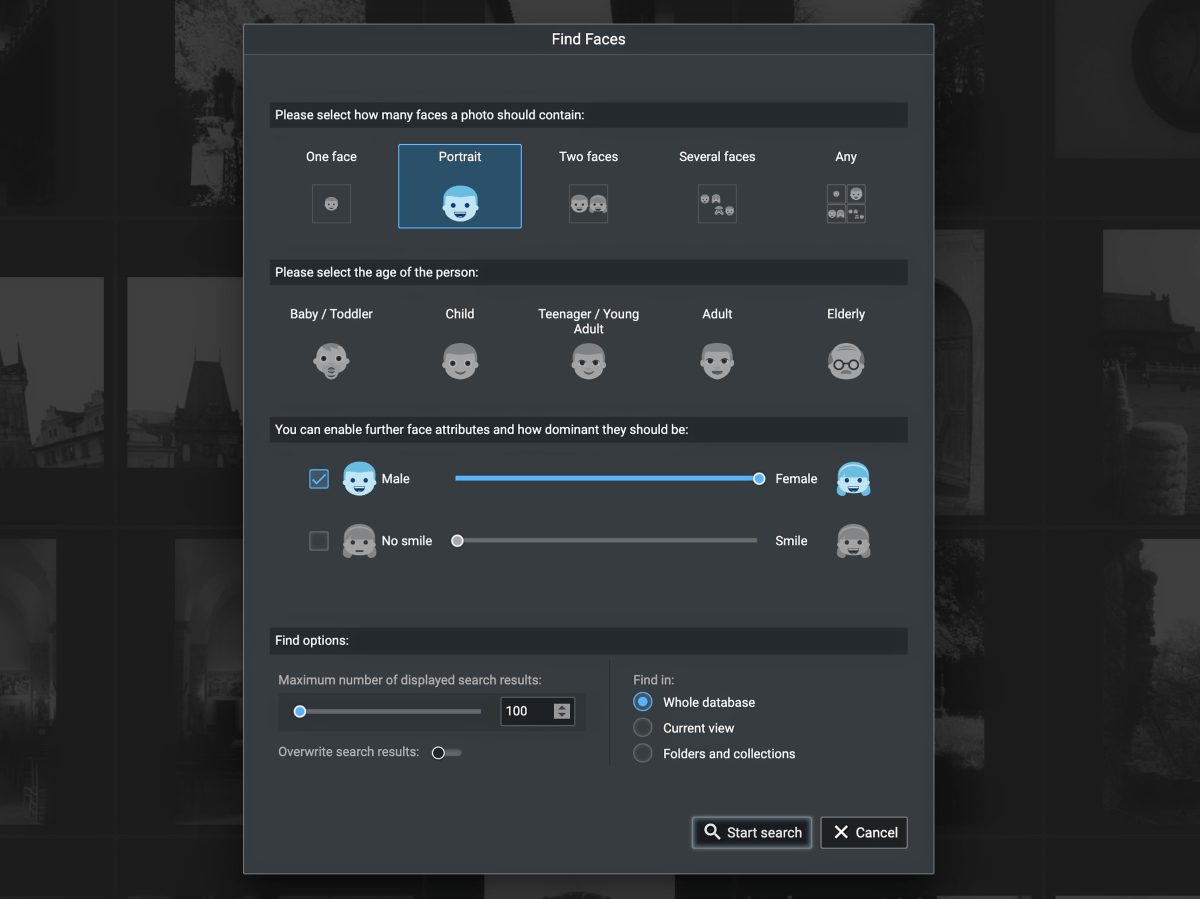 Screenshot of the find faces dialog in Excire Foto Review 2024