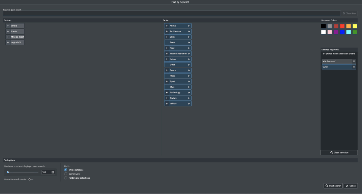 Screenshot of the find keyword dialog in Excire Foto Review 2024