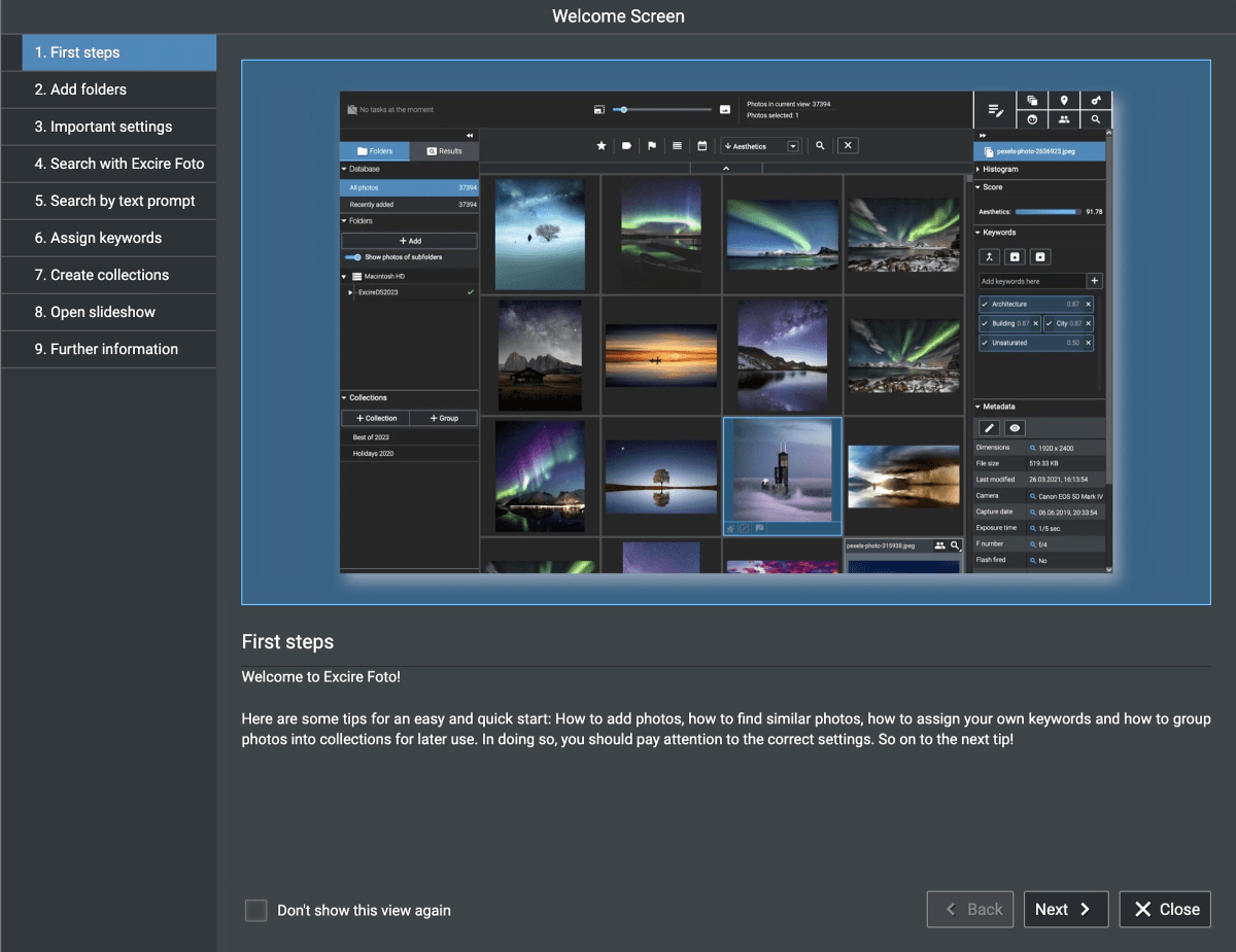 A computer interface with a dark blue theme, displaying a collection of photos in various galleries and an interface for adding new items. 