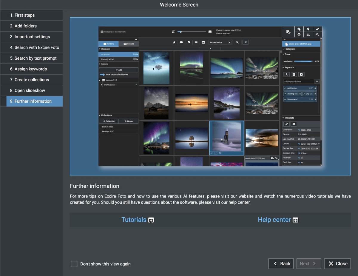 Screenshot of the final help screen in Excire Foto Review 2024