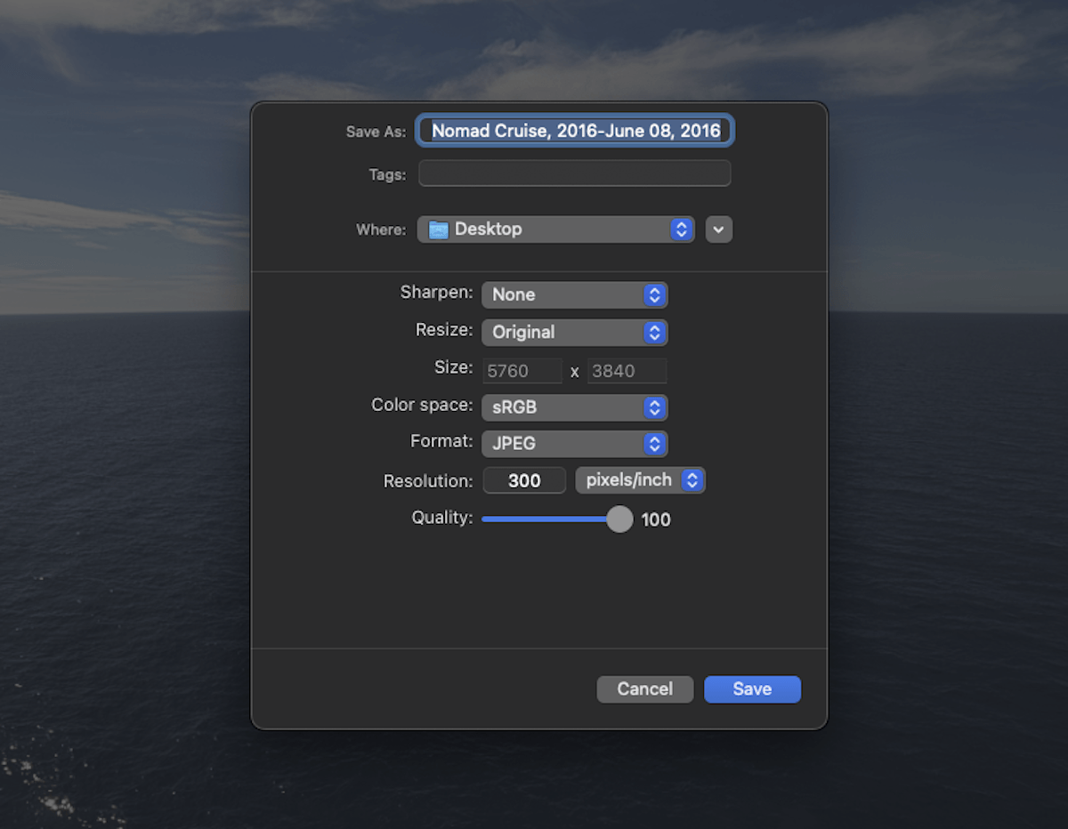 Screenshot of Luminar Neo software export interface pop-up