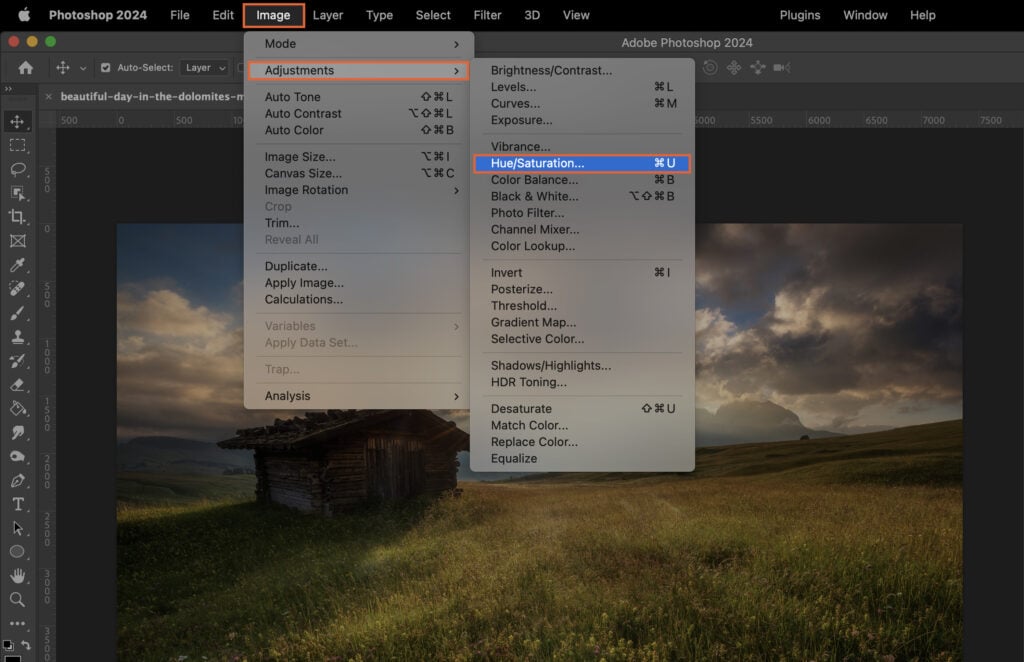 Adobe Photoshop application open, showcasing a dropdown menu for adjusting settings on an image.