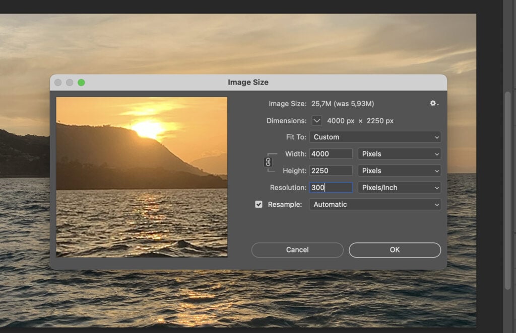 A photo editing software, showcasing a beautiful sunset by the ocean with options to edit or apply effects on a photo.