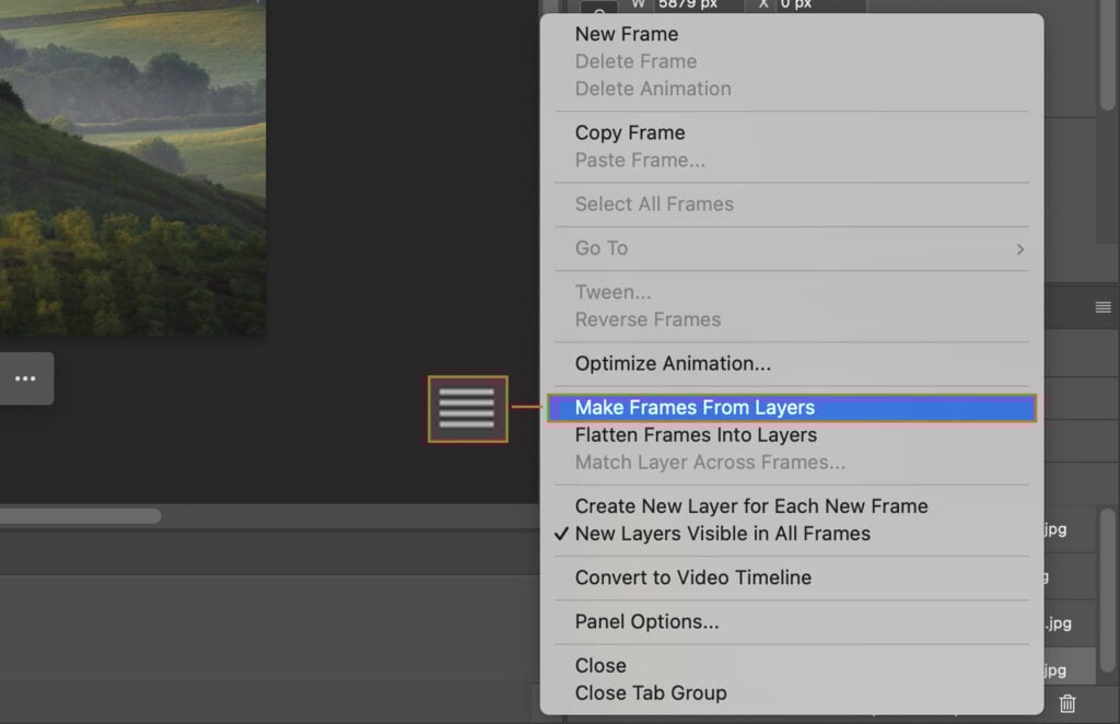 Adobe Photoshop software interface, showing the creation of new frames.