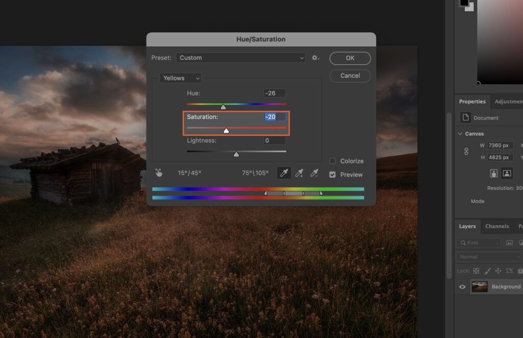 Adobe Photoshop program with a photo editing interface, highlighting color adjustment tools in a rural landscape scene.