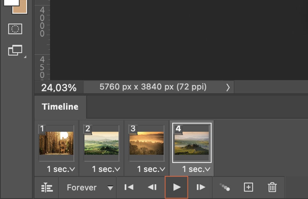 A sequence of photos from a sunset to the same location in the morning.