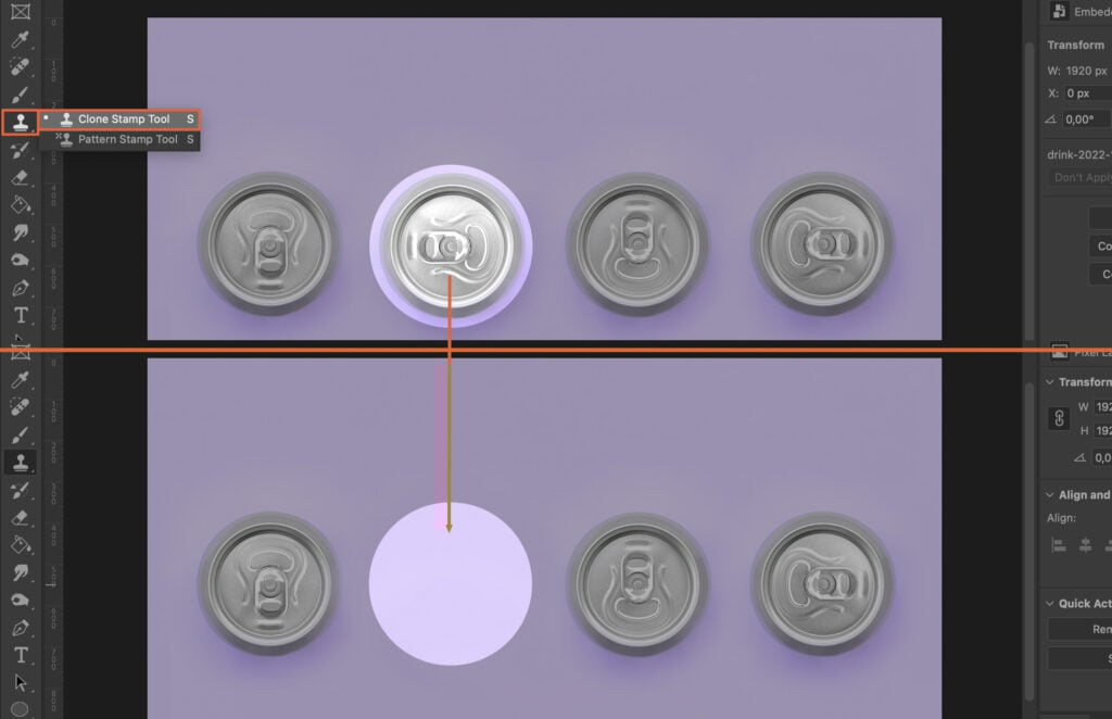 A graphic design interface in Adobe Photoshop, with a purple background and various can designs arranged across it. 