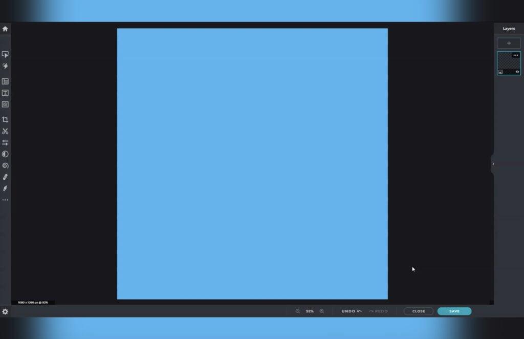 A large, blue square on a computer screen, with various software tools and panels visible around it.