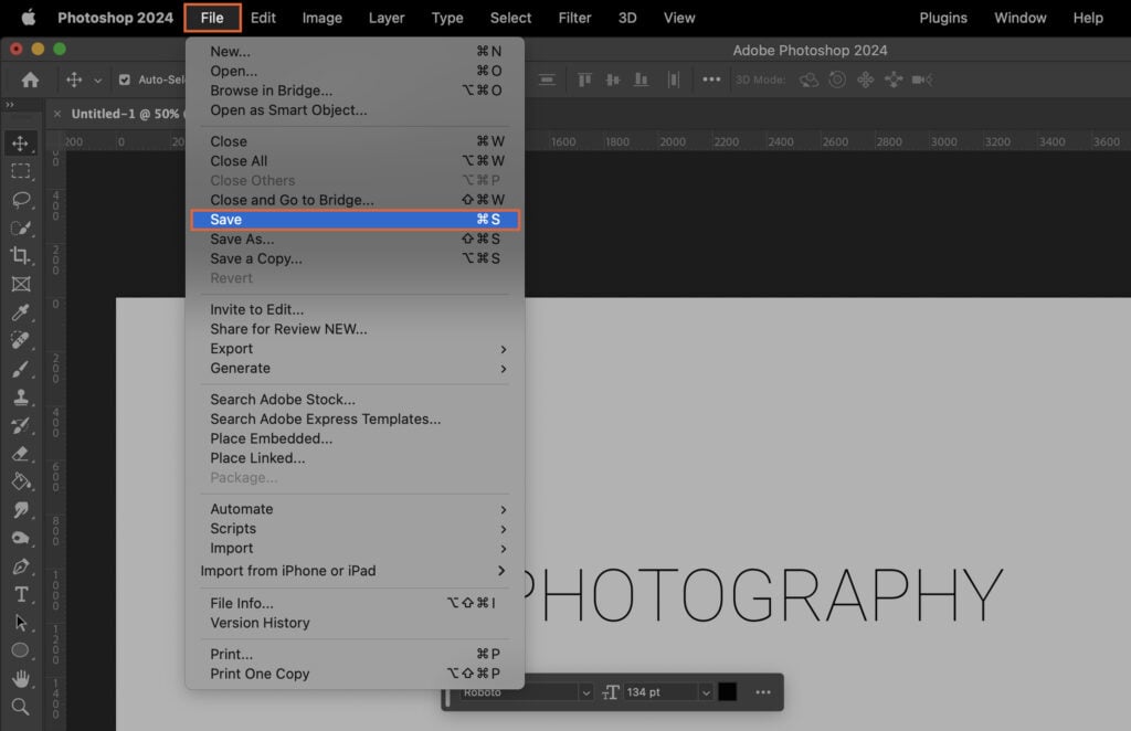 Adobe Photoshop interface with its options menu opened, showing various settings for the document being edited.
