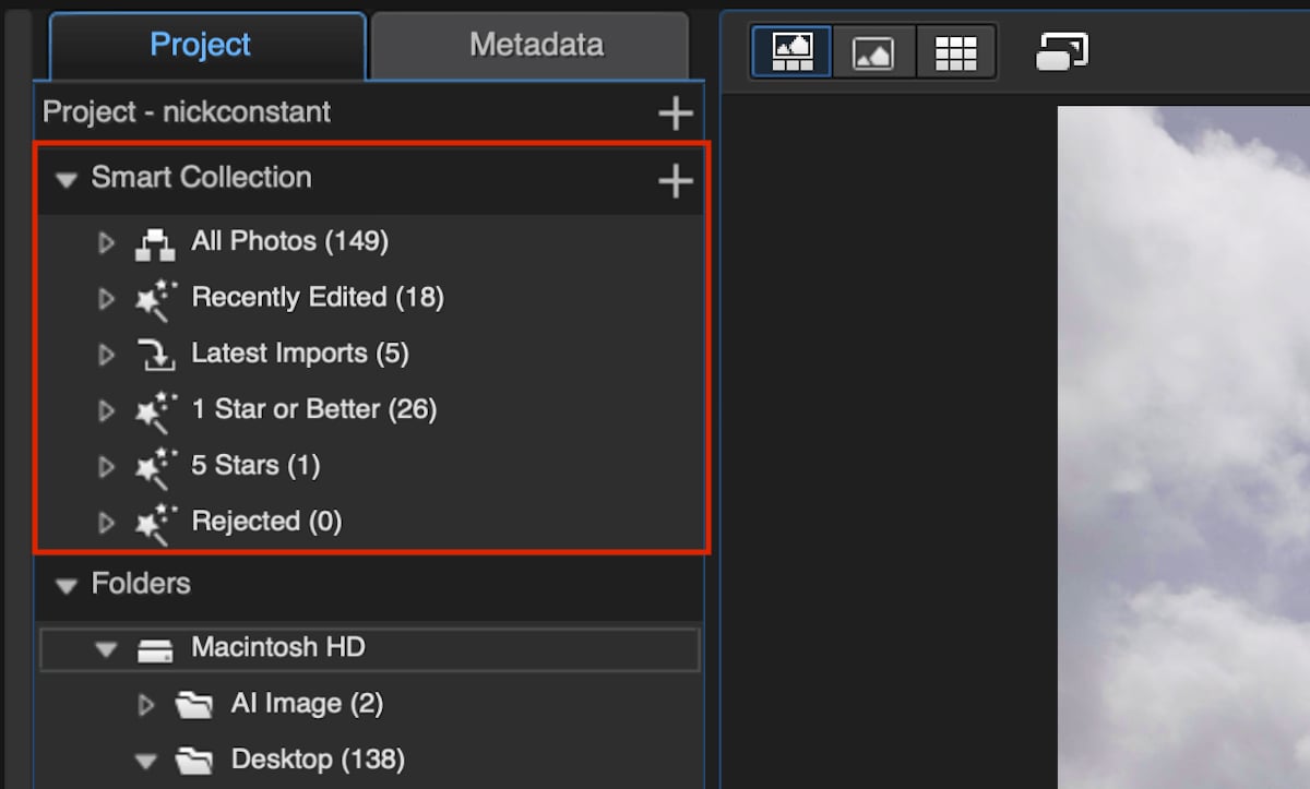 Screenshot of smart albums panel in Cyberlink PhotoDirector 365