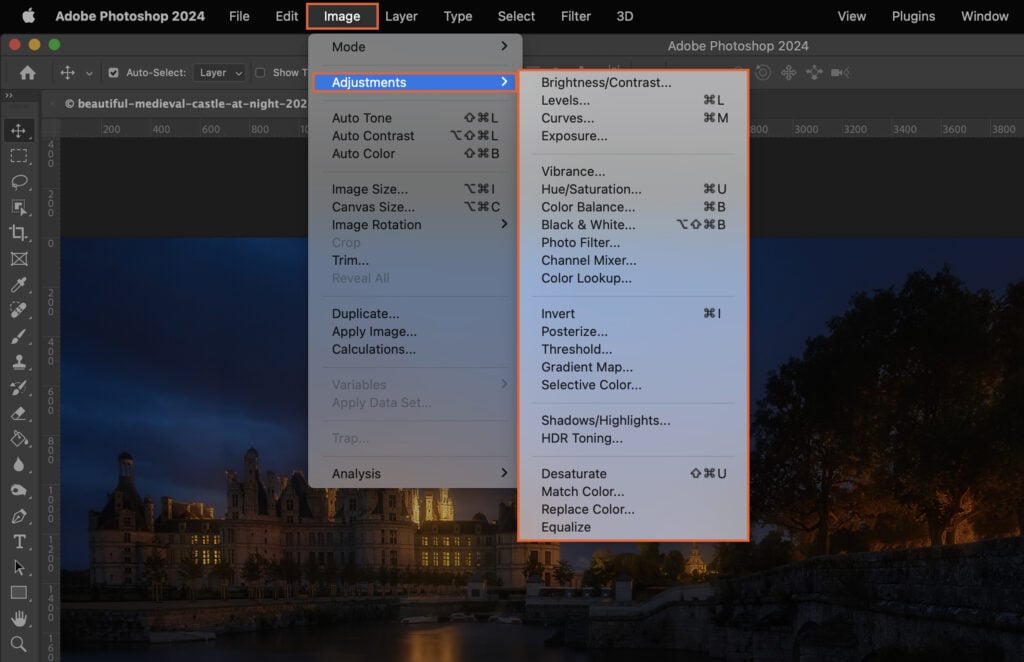 Adobe Photoshop program with the user interface partially obscured, showcasing a cityscape image with overlay text and various controls and panels.