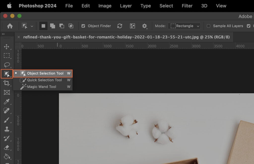 The process of converting an object into a gift selection tool using Adobe Photoshop, with various tools and settings highlighted.