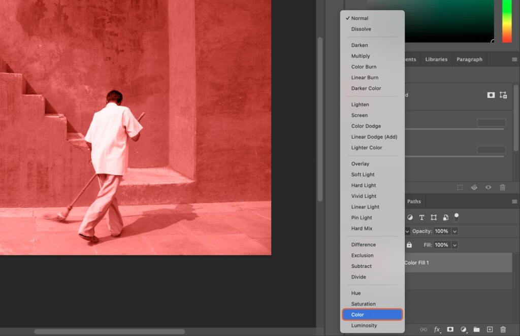 Adobe Photoshop, with a partially finished picture of a person on steps.