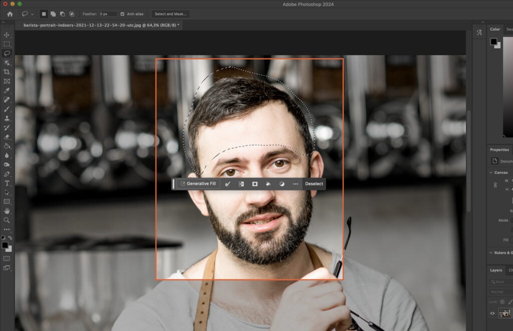 Adobe Photoshop window, with a collage of three different pictures on the canvas and a man, presumably an artist or designer, in the center background with a beard, smiling at the camera.