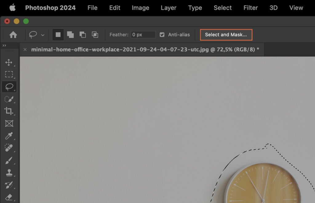 Adobe Photoshop interface, showing a project with a photo background and various tools being used.