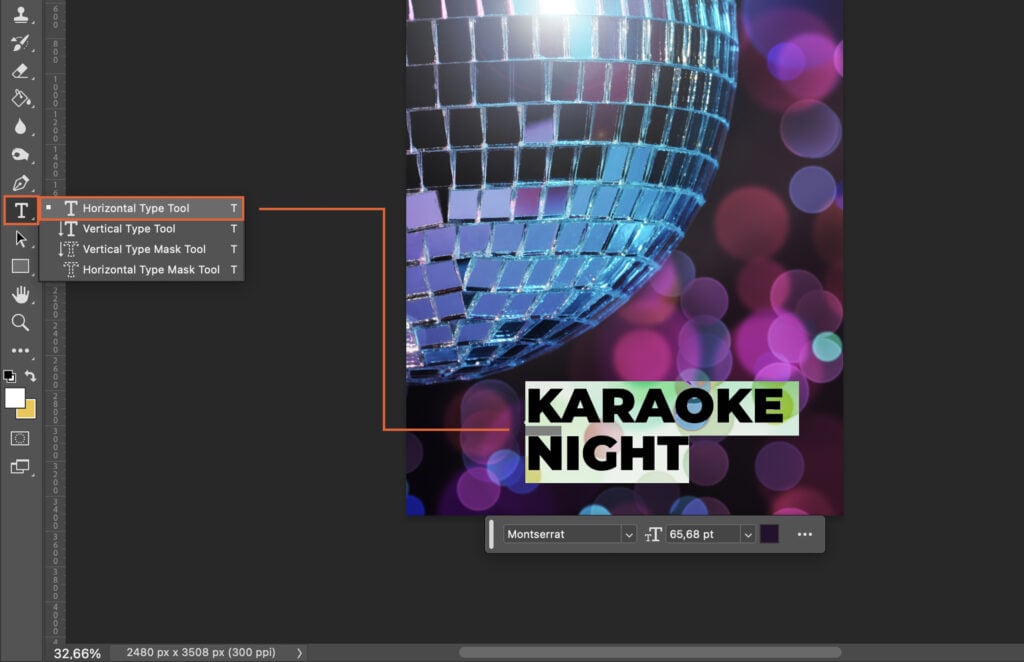A digital advertisement featuring a disco ball, party confetti, and the text Karaoke Night, with a graphic design interface visible on the computer screen.