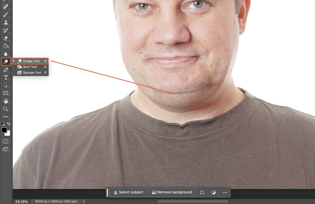 A man smiling at the camera, with a graphic design or photo editing software interface overlaid on top of his image, highlighting the software and its tools.