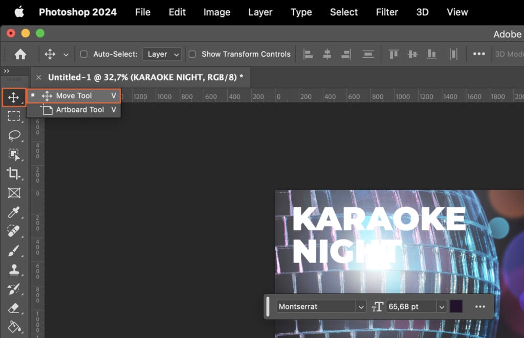 Adobe Photoshop program with various panels and tools open, with a watermark indicating Karaoke Night in the center.
