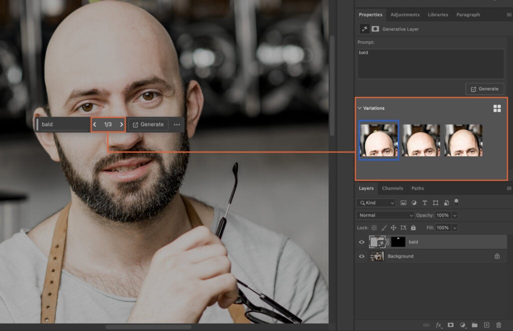 Adobe Photoshop where an image of a mans head has been edited and placed on a body, showing the layer adjustment tool in action.