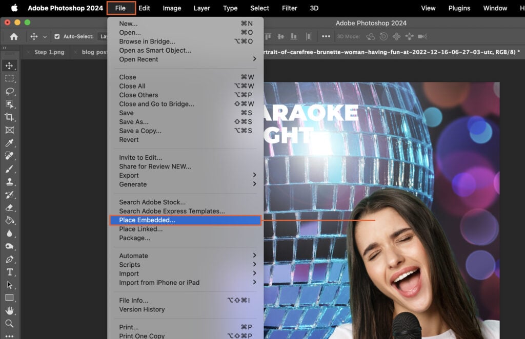 Adobe Photoshop interface, where a woman is singing in the background with a glamorous and colorful backdrop featuring disco balls.
