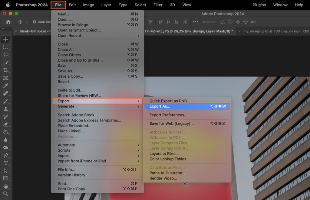 Photoshop open, showing the user interface and tool options. 