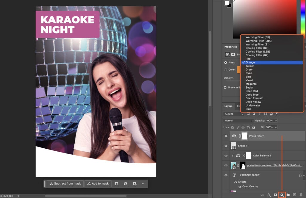 A graphic design software open, displaying a poster for a karaoke night event.