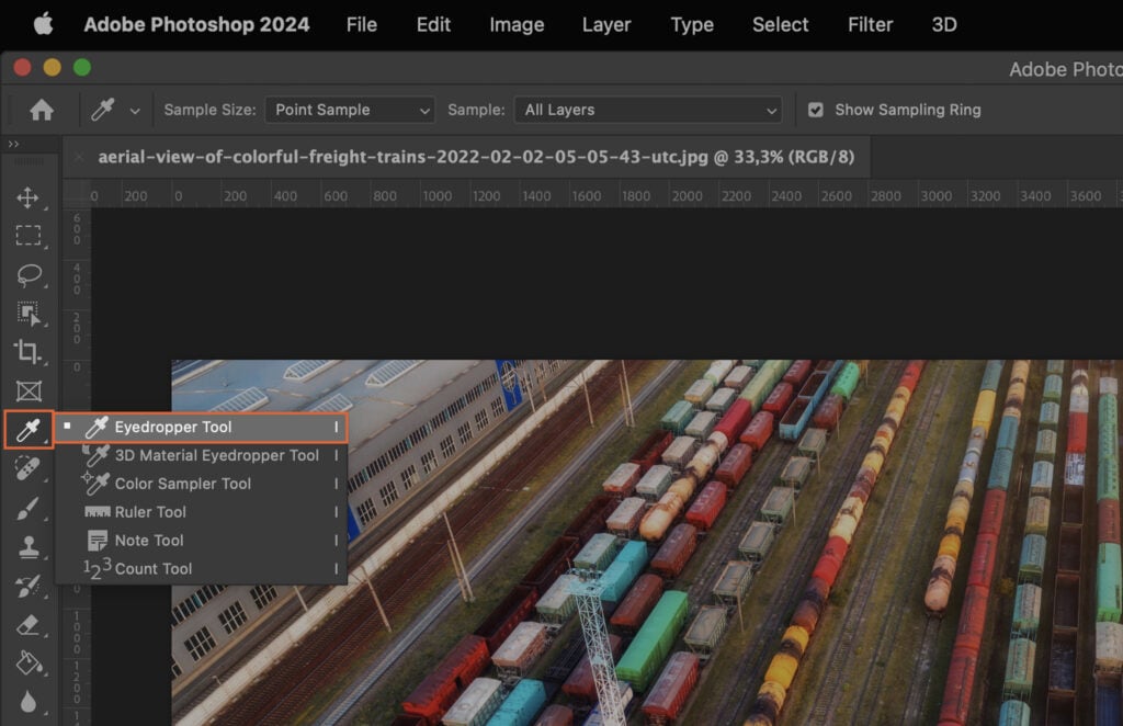 The Photoshop interface, showcasing an image editing process with multiple layers and tools open. 